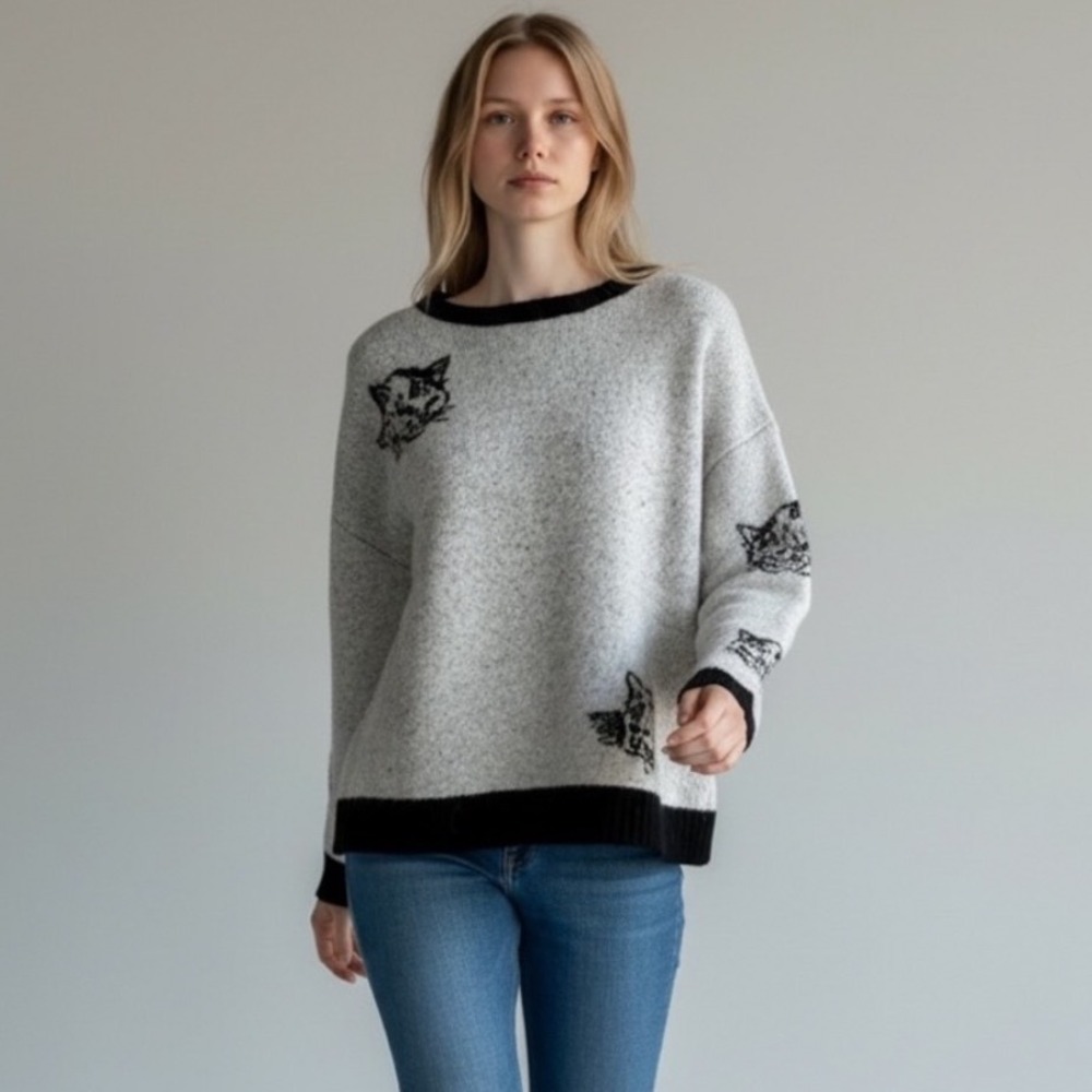 On 12th Kitty Cat Lover Knit Sweater XL Heather Grey Sketch Artsy Great Gift